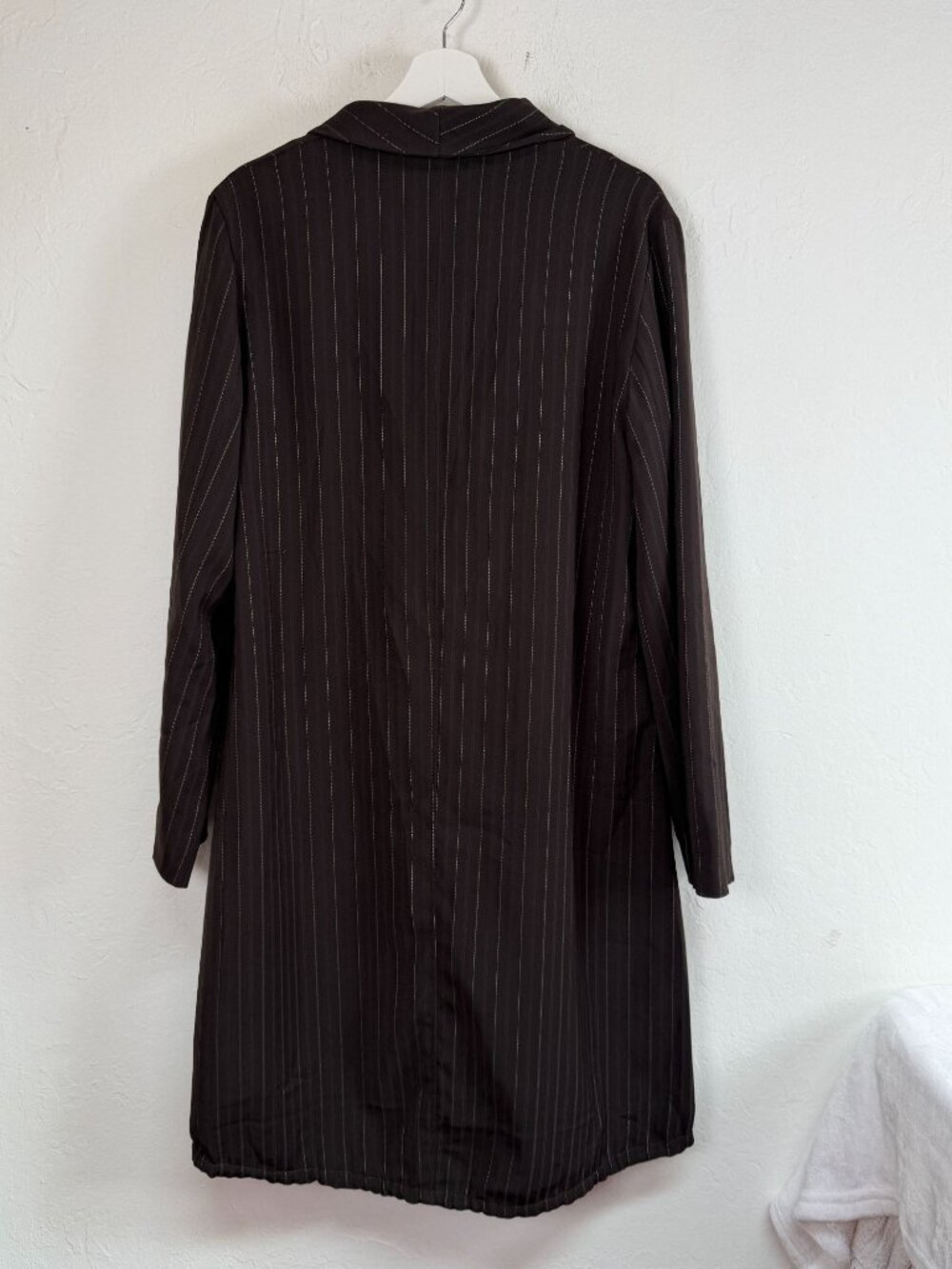 Animale Women's Size 12 Brown Pinstripe Long Coat Jacket Drawstring Hem NWT $238 - Picture 2 of 6